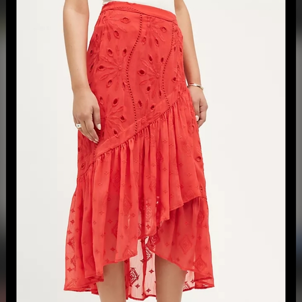 Anthropologie HD in Paris Red Eyelet Pescara Midi Skirt 10
